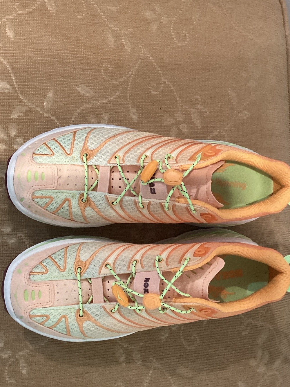 Hoka Peach and Mint Athletic Running Shoes with Lime Accents